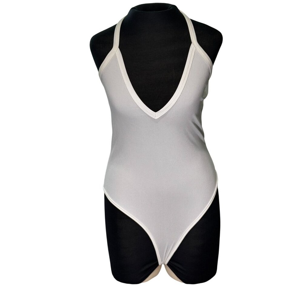 White Ribbed Halter Neck Bodysuit By Blushmark Size L